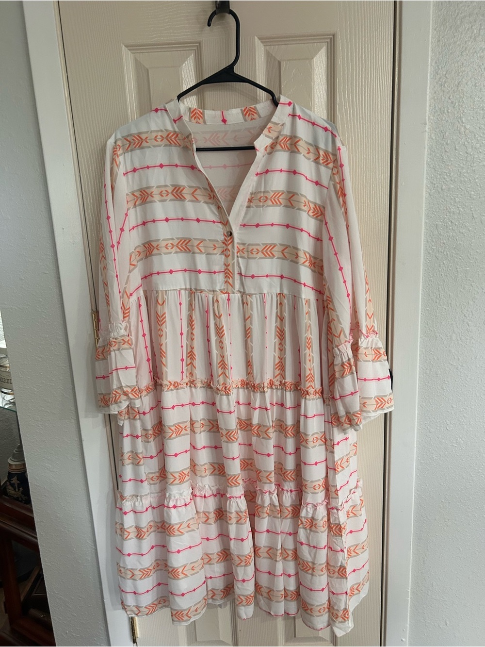 Boho White Midi Dress with Pink & Orange Stripe Detail